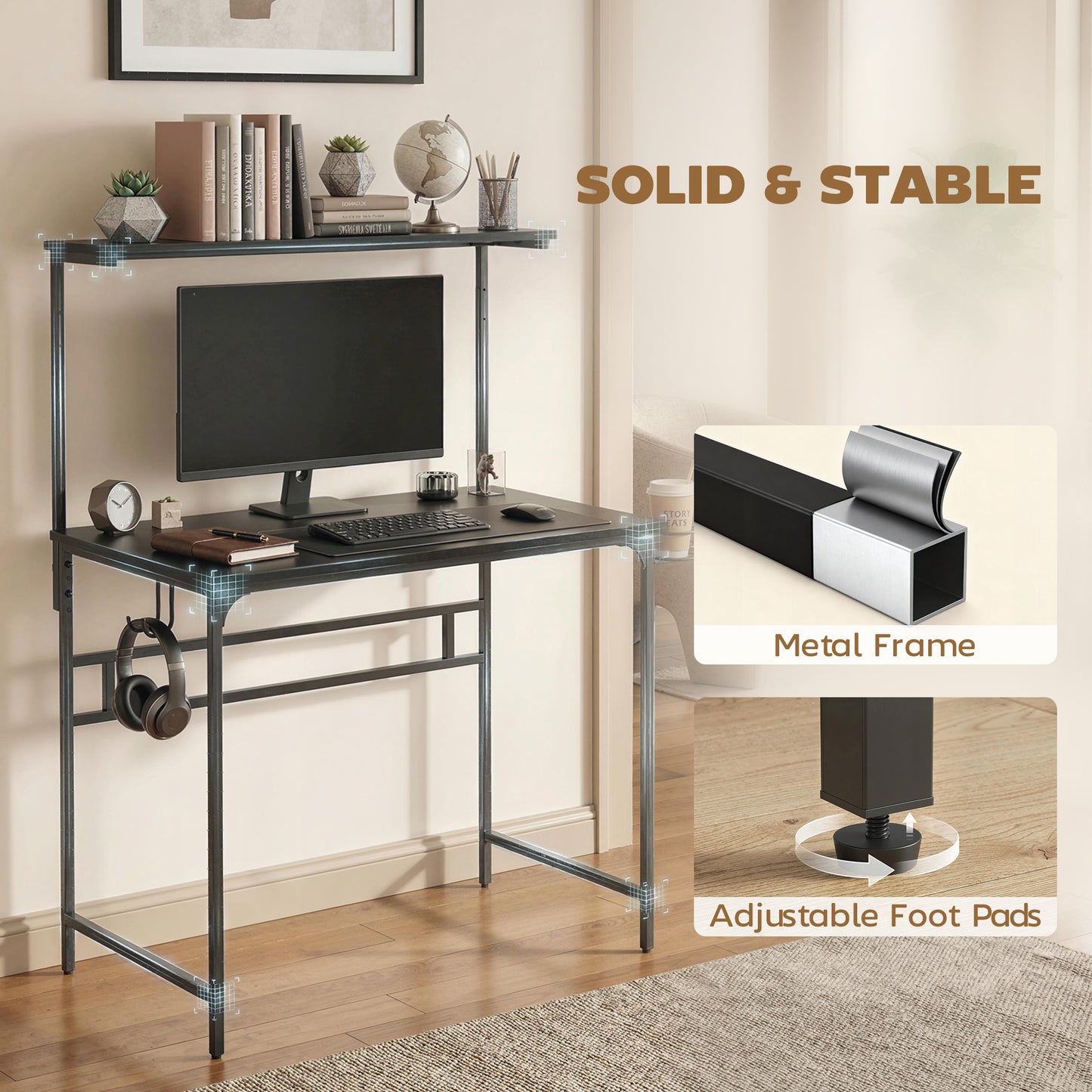 Computer Desk, 80cm Home Office Study Table with Hutch Shelf, Black