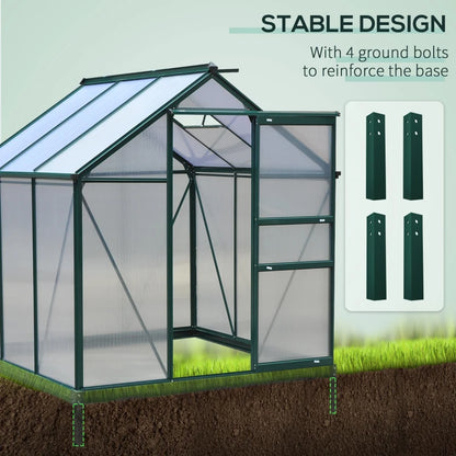 6 x 6ft Polycarbonate Greenhouse, Large Walk-In Green House with Slide Door and Window, Garden Plants Grow House with Aluminium Frame and Foundation, Green
