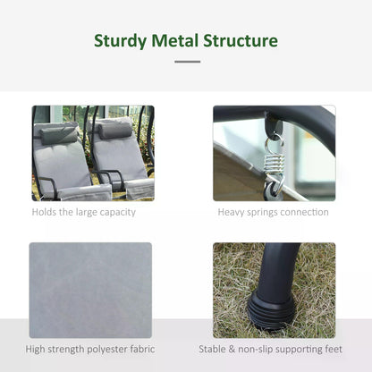 Double Seat Swing Chair Modern Garden Swing w/ 2 Separate Relax Chairs, Handrails, Headrests and Removable Canopy, Grey