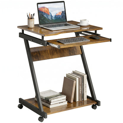 Mobile Computer Desk, Z-Shaped Writing Desk, PC Table for Small Spaces, Workstation with 4 Wheels & Sliding Keyboard for Home Office, Easy Assembly, Rustic Brown