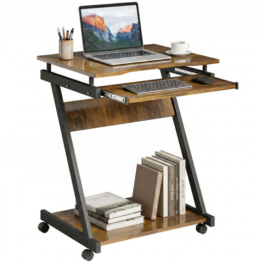 Mobile Computer Desk, Z-Shaped Writing Desk, PC Table for Small Spaces, Workstation with 4 Wheels & Sliding Keyboard for Home Office, Easy Assembly, Rustic Brown