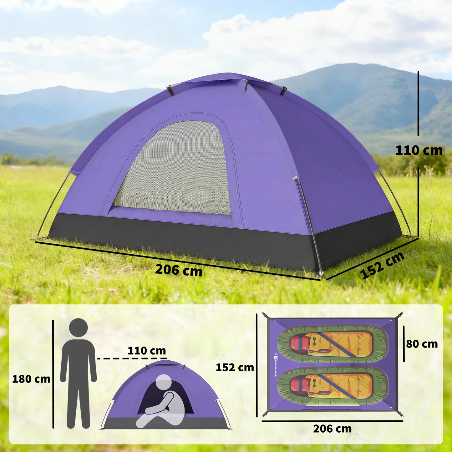 2 Person Camping Tent, Dome Tent with Storage Pocket, Light Purple