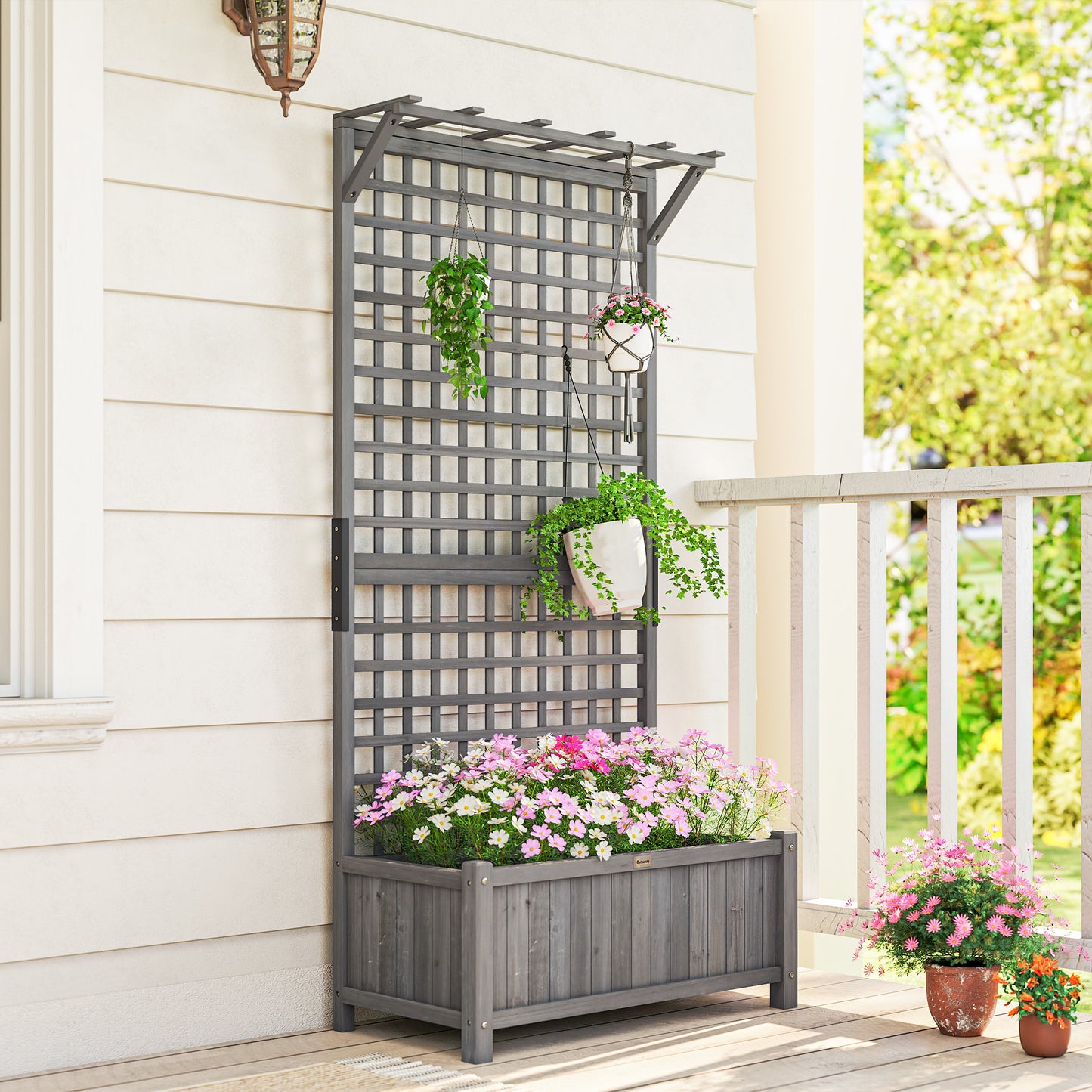 Wood Planter with Trellis for Climbing Plants Planter Box Dark Grey