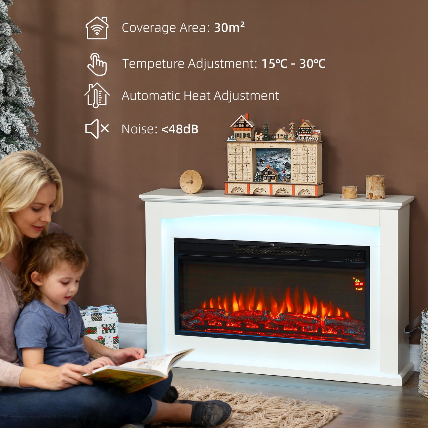 1000W/2000W Inset Electric Mantel & Fire Reach up to 30 m², White