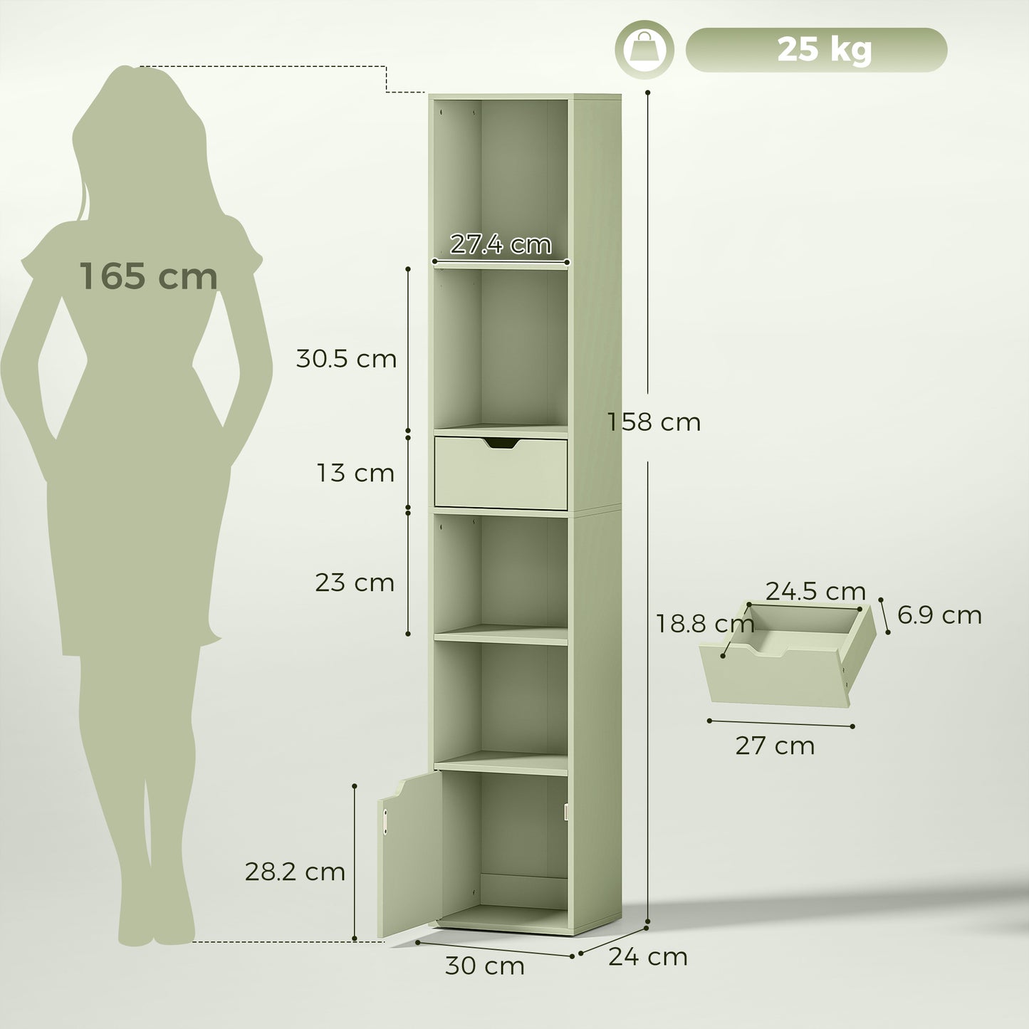Narrow Bookshelf with Drawer, Tall Bookcase for Living Room, Green