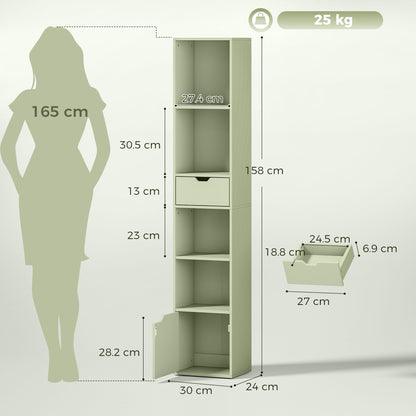 Narrow Bookshelf with Drawer, Tall Bookcase for Living Room, Green