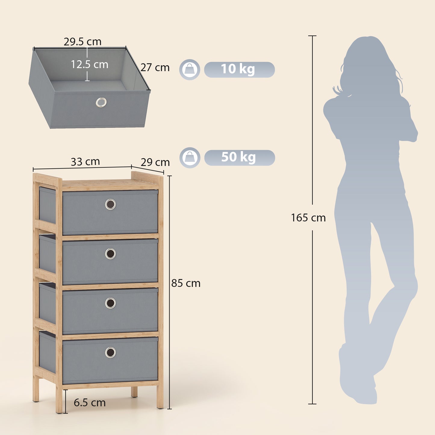 Chest of Drawers, 4 Drawers Dresser with Bamboo Frame, Light Grey