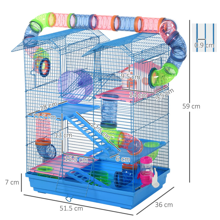 5 Tier Hamster Cage Carrier Habitat with Exercise Wheels Tunnel Tube Water Bottle Dishes House Ladder for Dwarf Mice, Blue