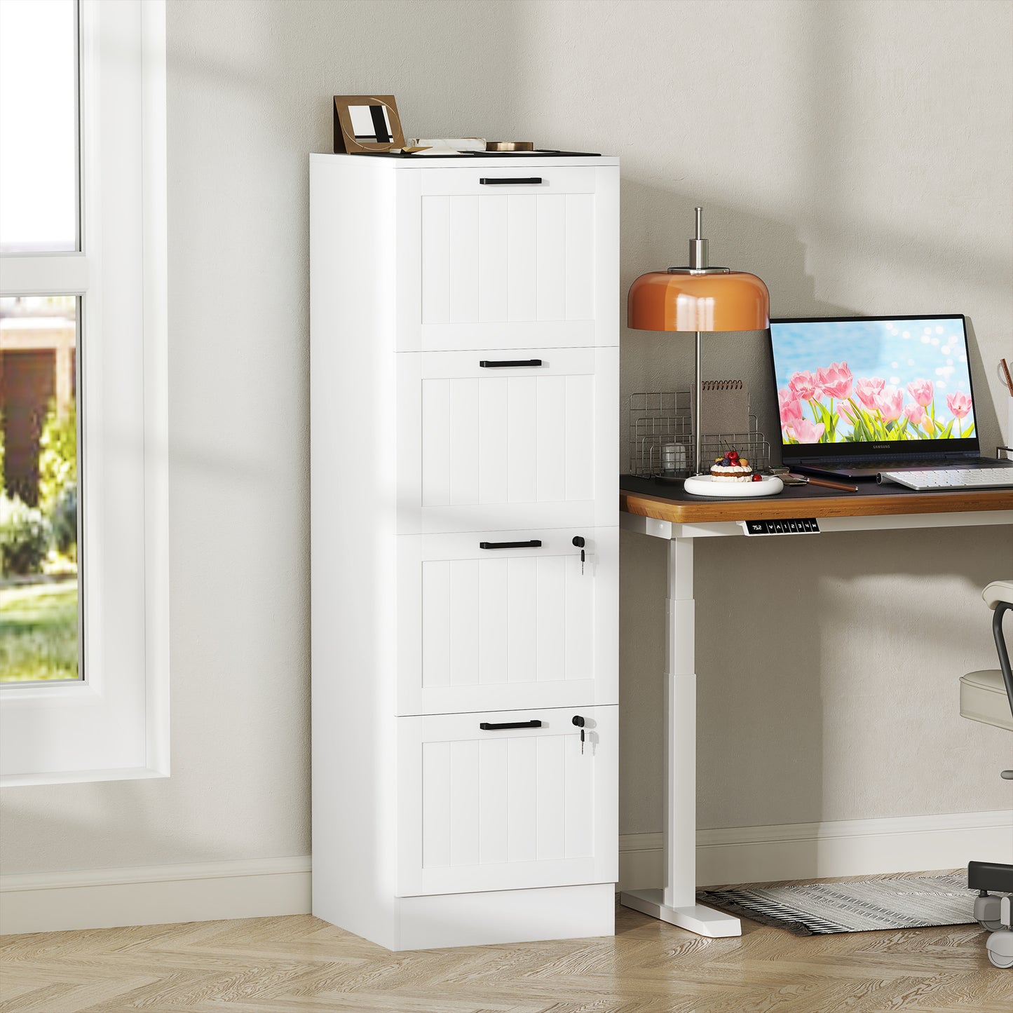 4 Drawer File Cabinet with Lock and Adjustable Hanging Bars, White