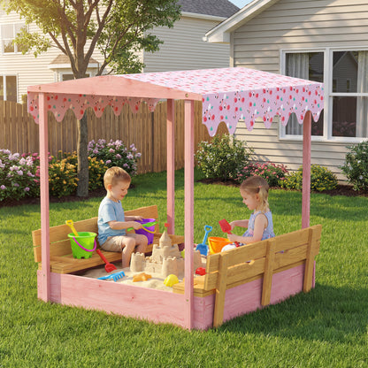Wooden Sandbox with Lid, Canopy, Seat, Bottom Liner, Pink