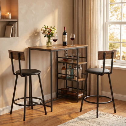 3 Piece Breakfast Bar Table Set, Space Saving Bar Table and PU Leather Stools for 2, Dining Table Set with Storage Shelves, Rustic Brown
