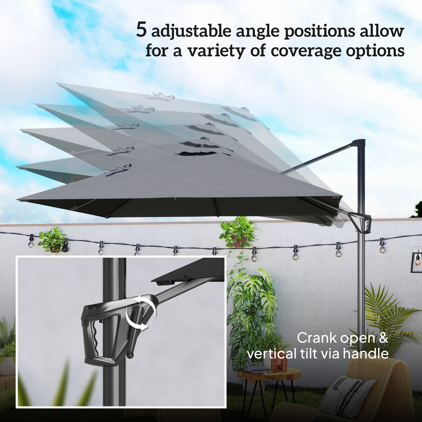 Square Cantilever Roma Parasol 360 Degree Rotation Crank, Dark Grey