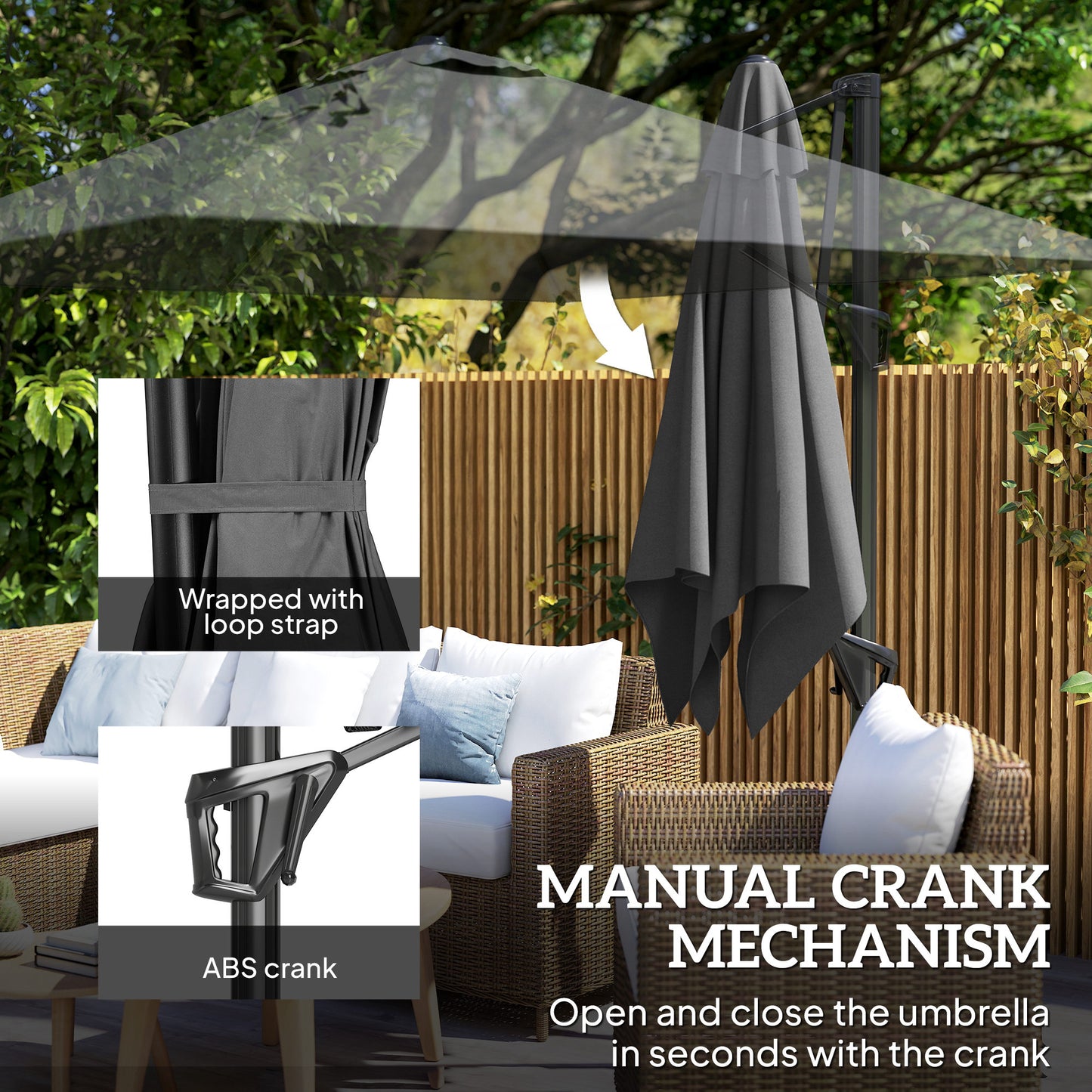 Square Cantilever Roma Parasol 360 Degree Rotation Crank, Dark Grey