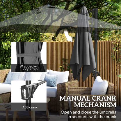 Square Cantilever Roma Parasol 360 Degree Rotation Crank, Dark Grey