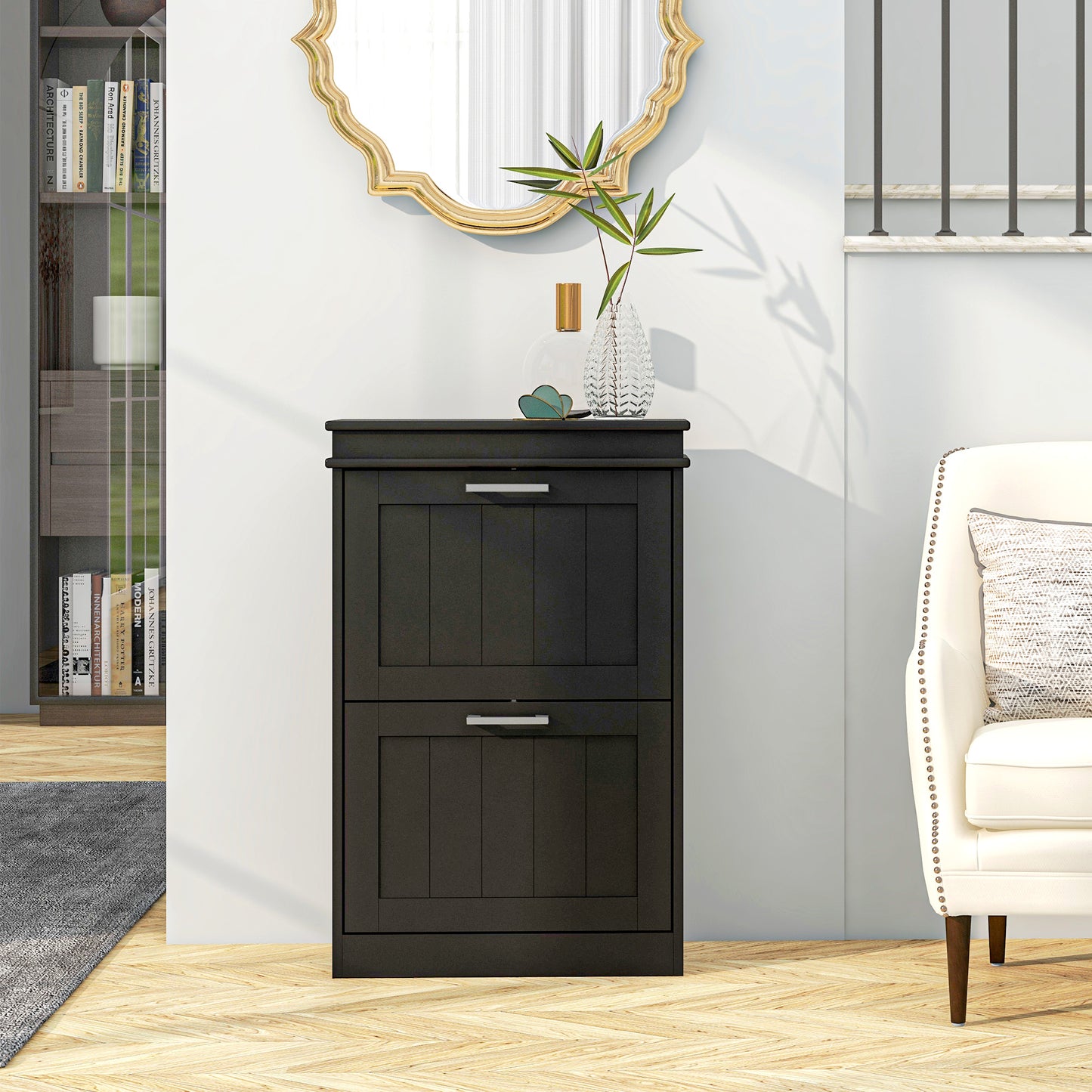 Slim Shoe Storage Cabinet with 2 Flip Drawers for Entryway, Black