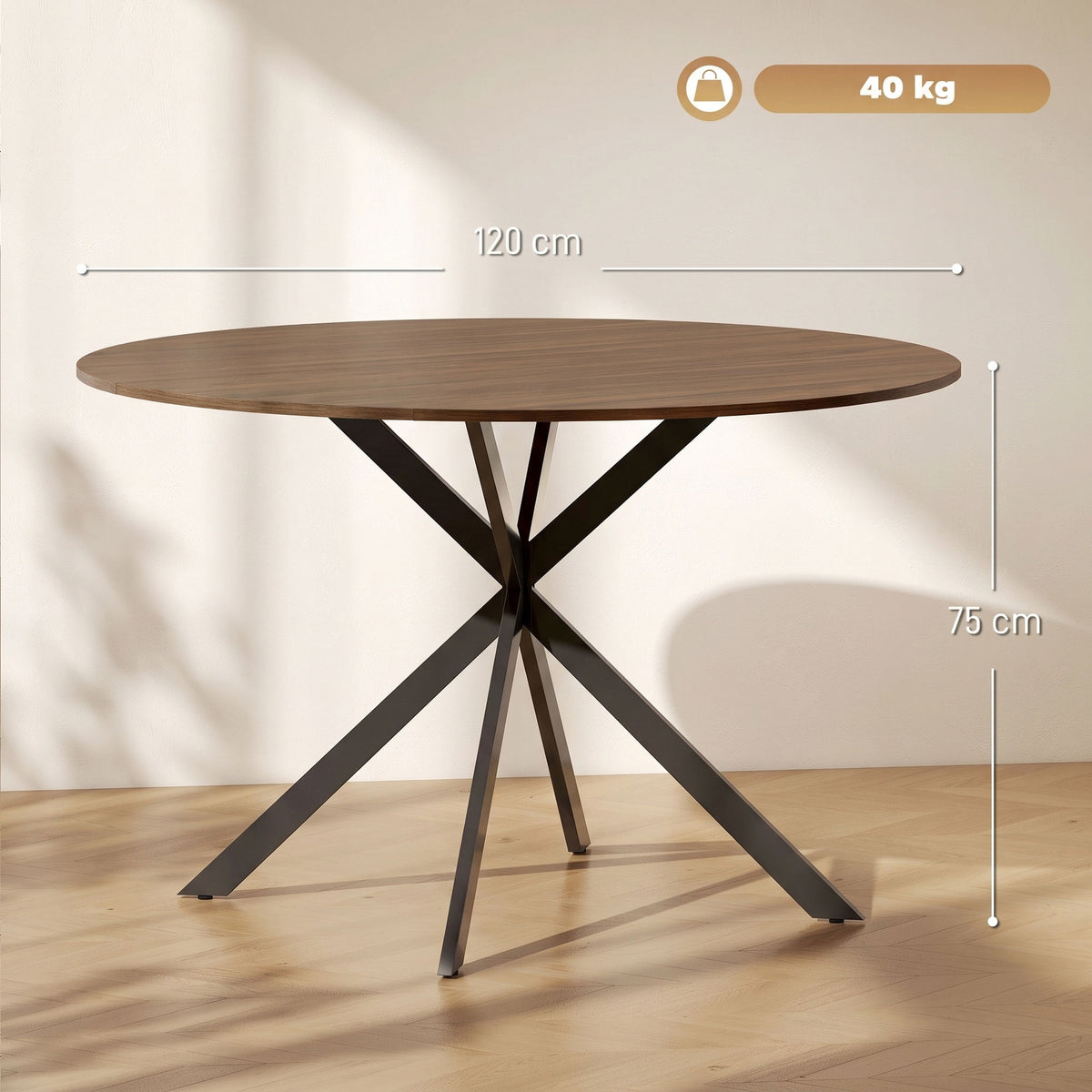 Round Wood-Effect Dining Table for 4 with Steel Cross Legs - Brown & Black