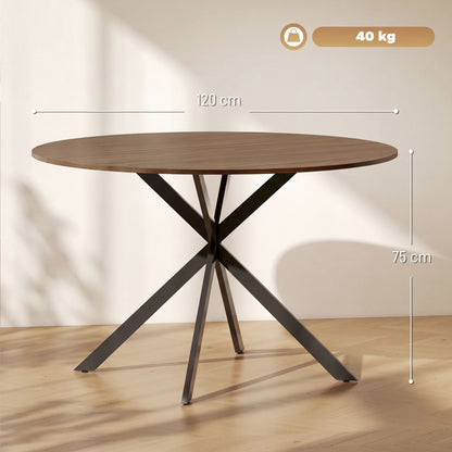 Round Wood-Effect Dining Table for 4 with Steel Cross Legs - Brown & Black