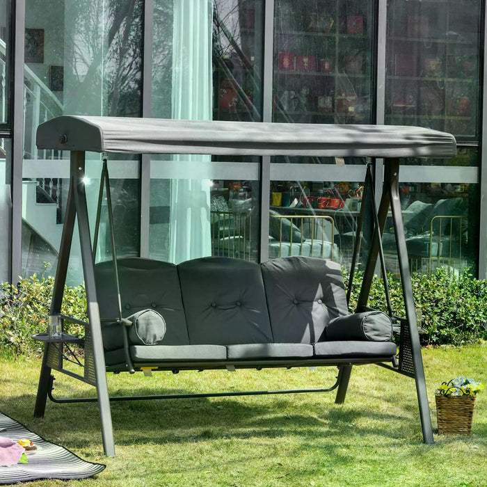 3 Seater Garden Swing Chair Outdoor Hammock Bench w/ Adjustable Canopy, Cushions and Cup Trays, Steel Frame, Grey