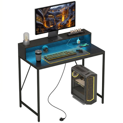 Gaming Desk with LED Lights and Power Outlets, Black Wood-Effect