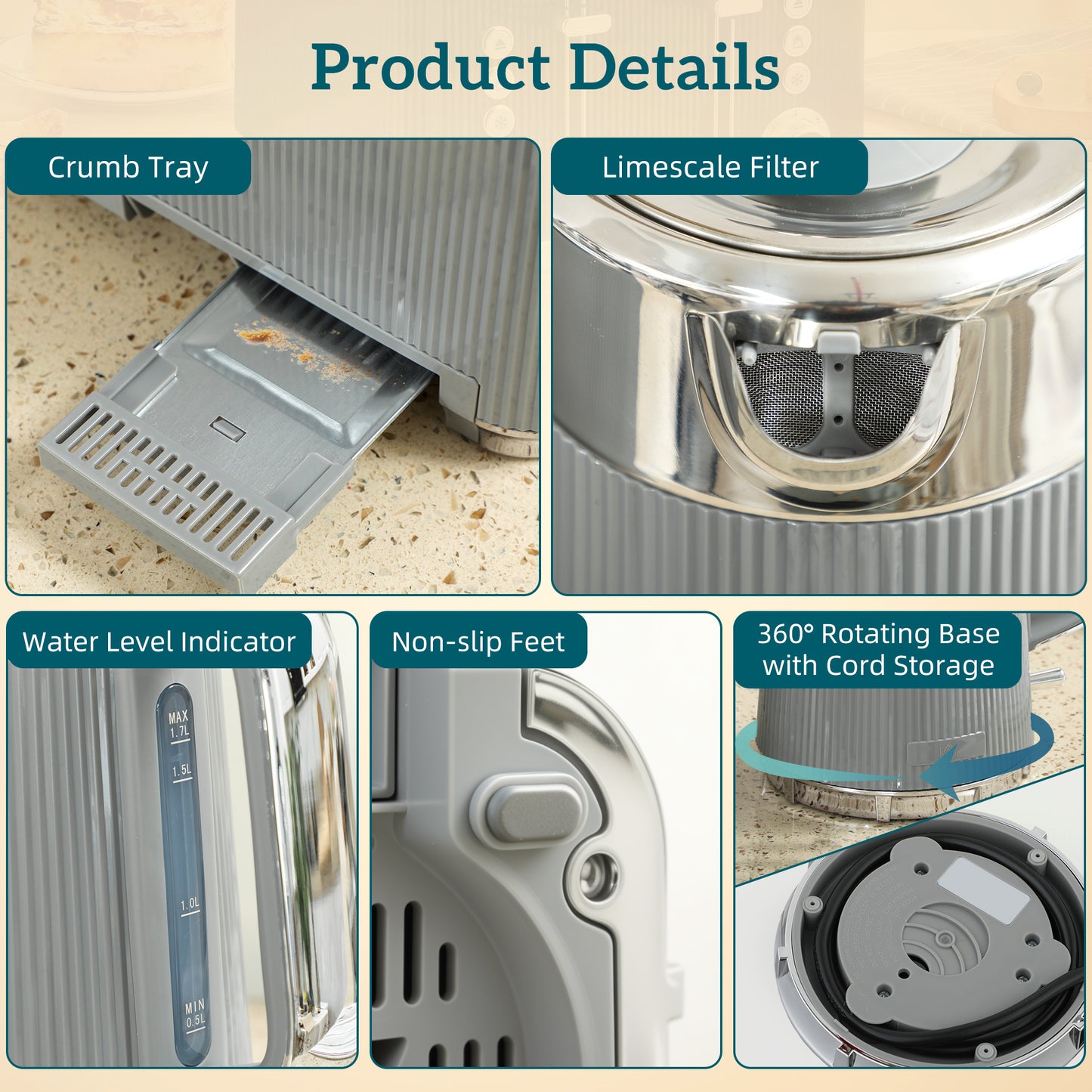 1.7L 3000W Rapid Boil Kettle and 4 Slice Toaster Set Crumb Tray Tan