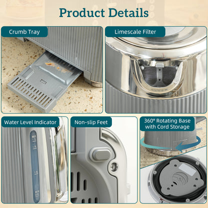 1.7L 3000W Rapid Boil Kettle and 4 Slice Toaster Set Crumb Tray Tan