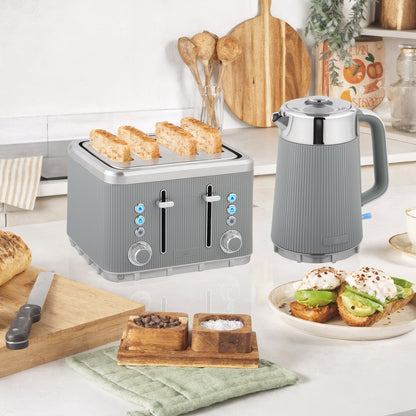 1.7L 3000W Rapid Boil Kettle and 4 Slice Toaster Set Crumb Tray Tan