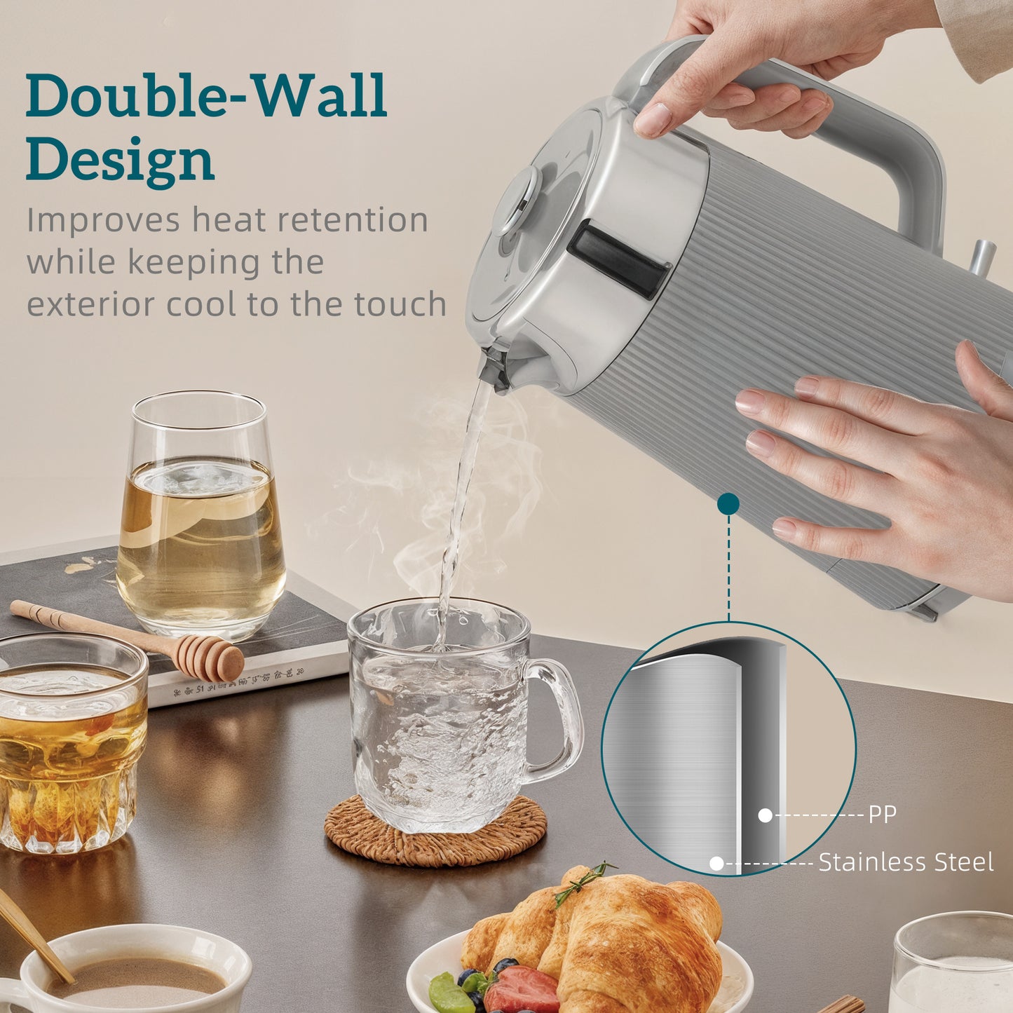 1.7L 3000W Rapid Boil Kettle and 4 Slice Toaster Set Crumb Tray Tan