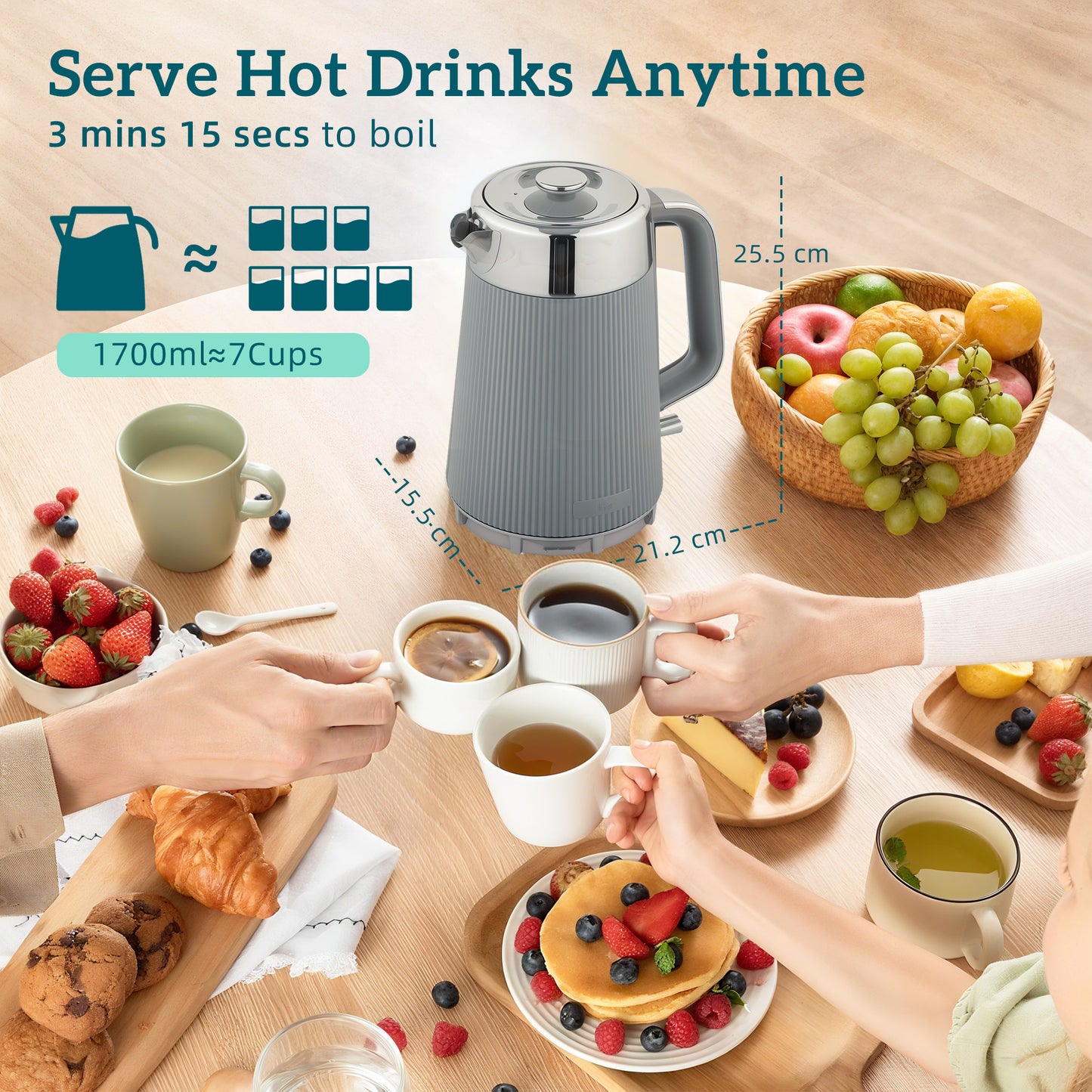 1.7L 3000W Rapid Boil Kettle and 4 Slice Toaster Set Crumb Tray Tan