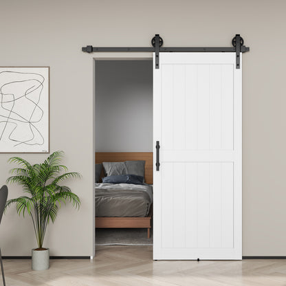 92 x 213 cm Sliding Barn Door with 183 cm Sliding Door Hardware Kit & Industrial Handle, Upgraded Rollers and Floor Guide, Waterproof Plastic Surface, Pre-Drilled Easy Assembly, White