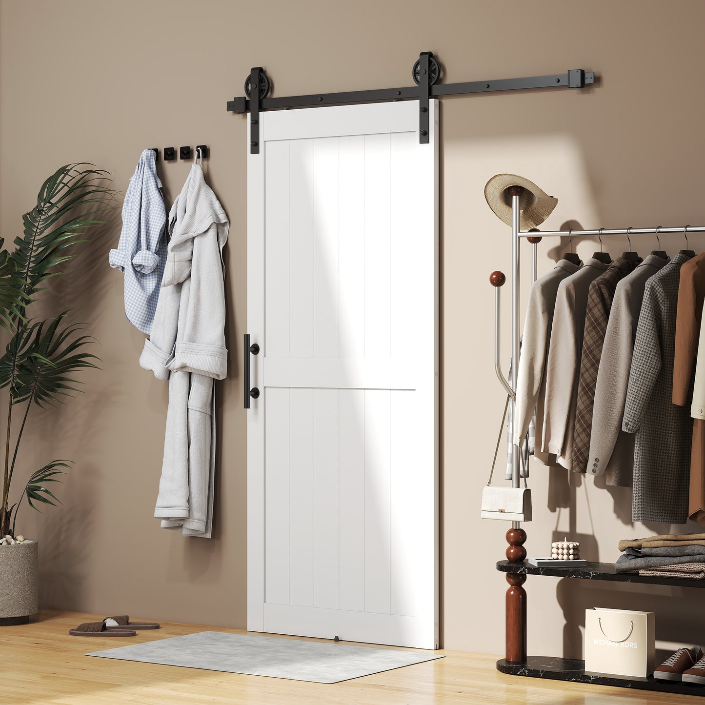 92 x 213 cm Sliding Barn Door with 183 cm Sliding Door Hardware Kit & Industrial Handle, Upgraded Rollers and Floor Guide, Waterproof Plastic Surface, Pre-Drilled Easy Assembly, White