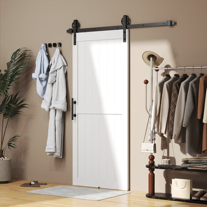 92 x 213 cm Sliding Barn Door with 183 cm Sliding Door Hardware Kit & Industrial Handle, Upgraded Rollers and Floor Guide, Waterproof Plastic Surface, Pre-Drilled Easy Assembly, White