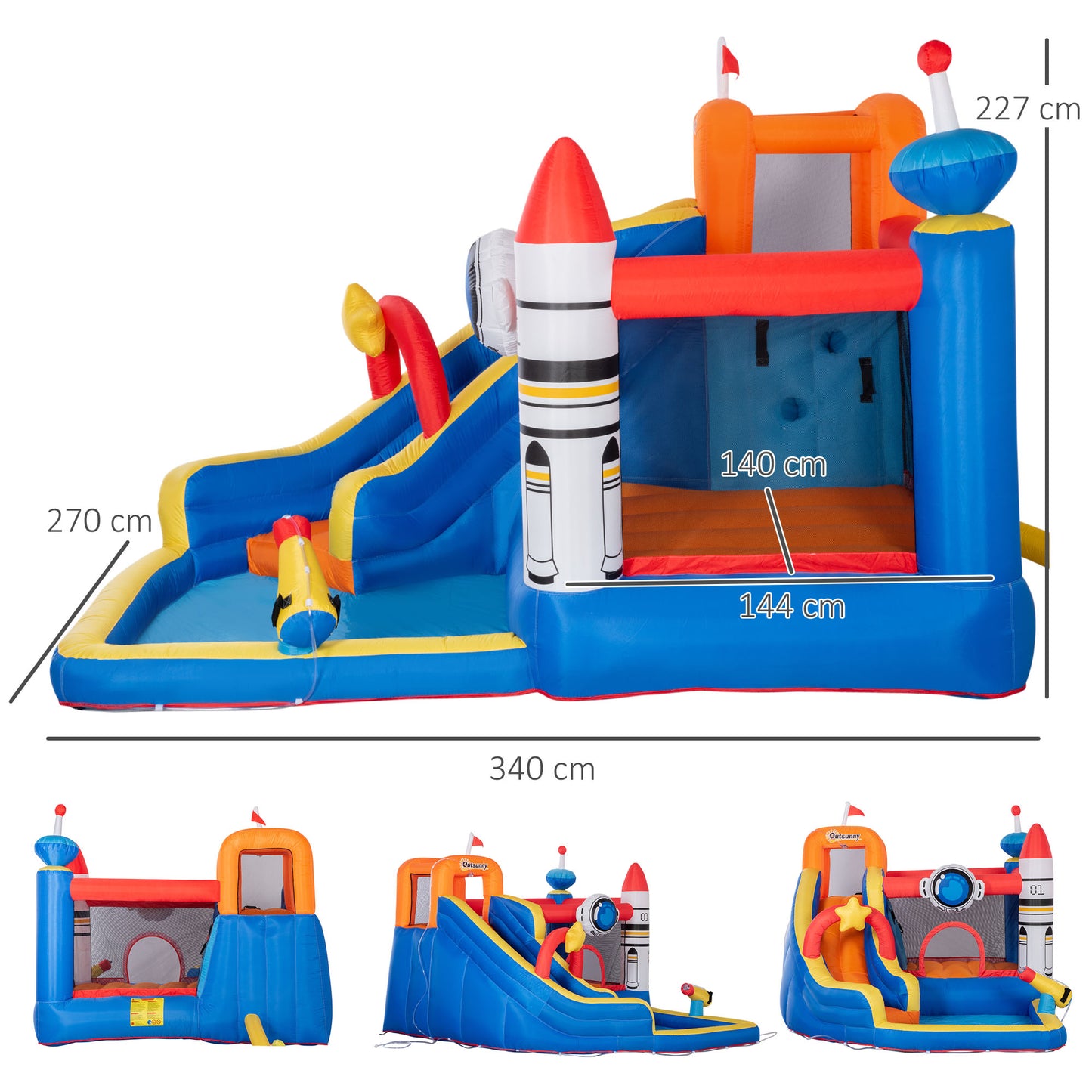 5 in 1 Kids Bounce Castle Large Water Space Style Inflatable House Slide Trampoline Pool Water Gun Climbing Wall for Kids Age 3-8