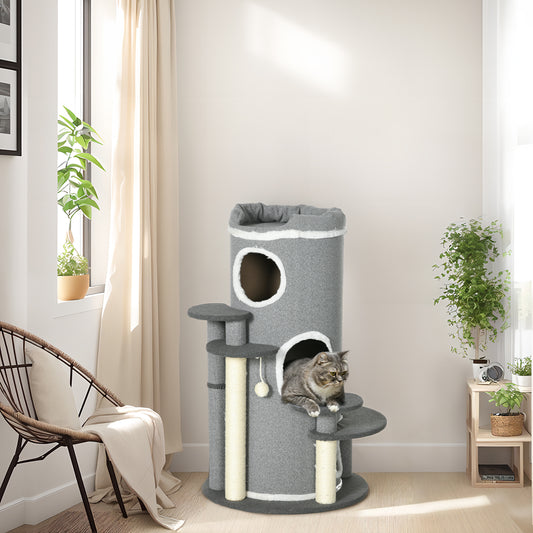 Barrel Shaped Cat Tree for Indoor Cats with Sisal Scratching Posts, Grey