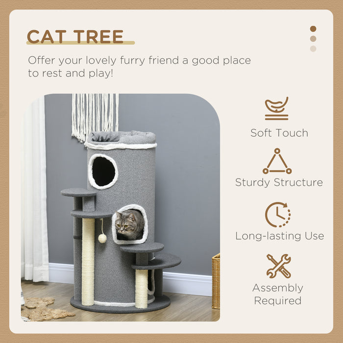 Barrel Shaped Cat Tree for Indoor Cats with Sisal Scratching Posts, Grey