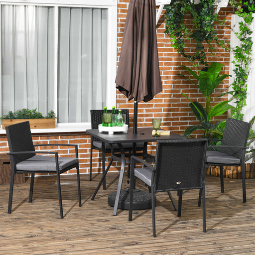 4 Seater Rattan Garden Furniture Set 5 Pieces Outdoor Dining Set with Cushions, Umbrella Hole - Black