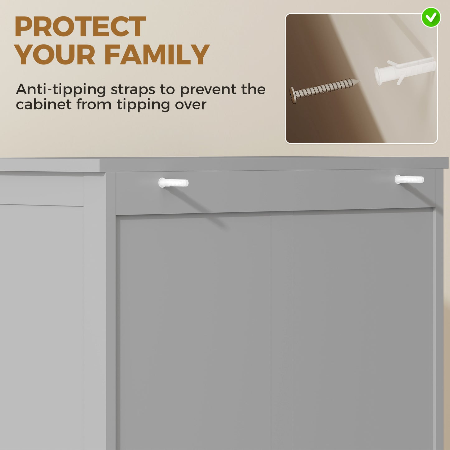 Kitchen Cupboard Storage Cabinet Adjustable Shelves, Glass Door, Grey