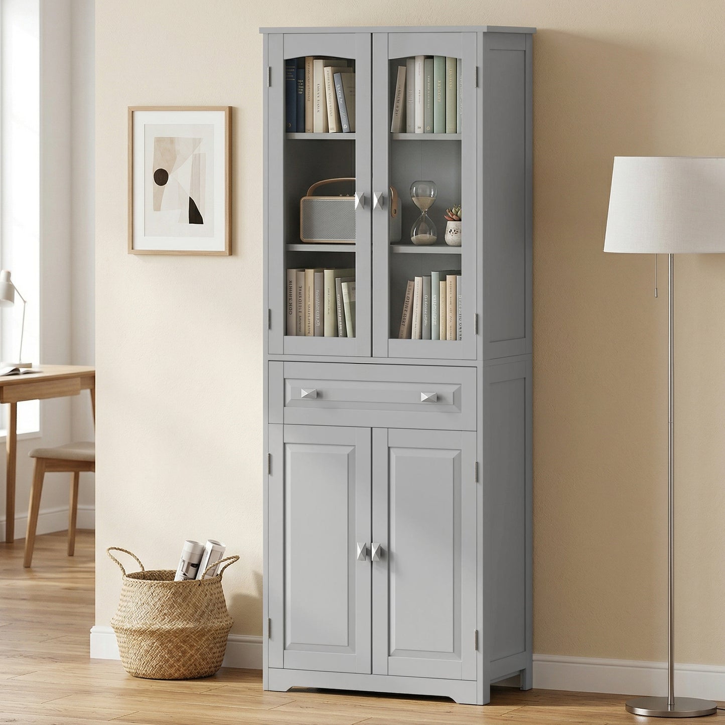 Kitchen Cupboard Storage Cabinet Adjustable Shelves, Glass Door, Grey