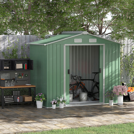 7ft x 4ft Lockable Garden Metal Storage Shed Large Patio Roofed Tool Storage Building Foundation Sheds Box Outdoor Furniture, Green