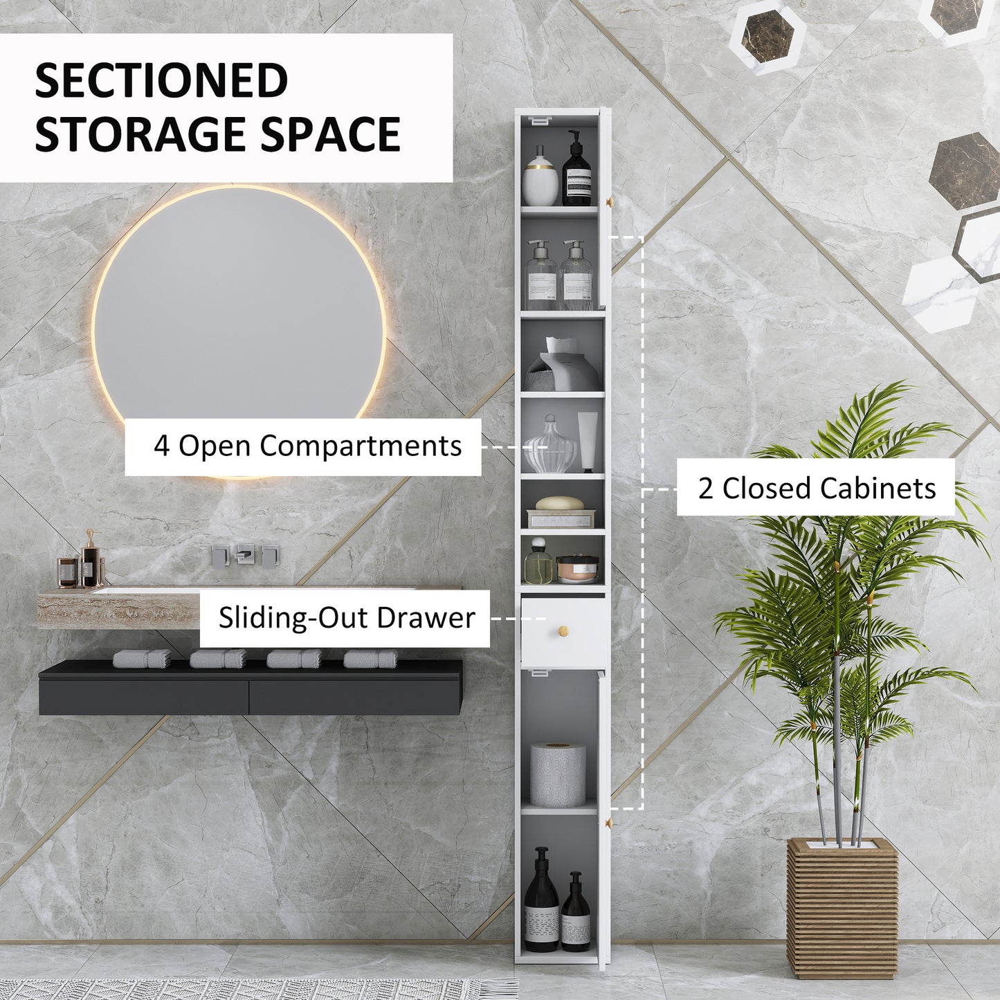 Tall Bathroom Cabinet with Drawer and Adjustable Shelves, White