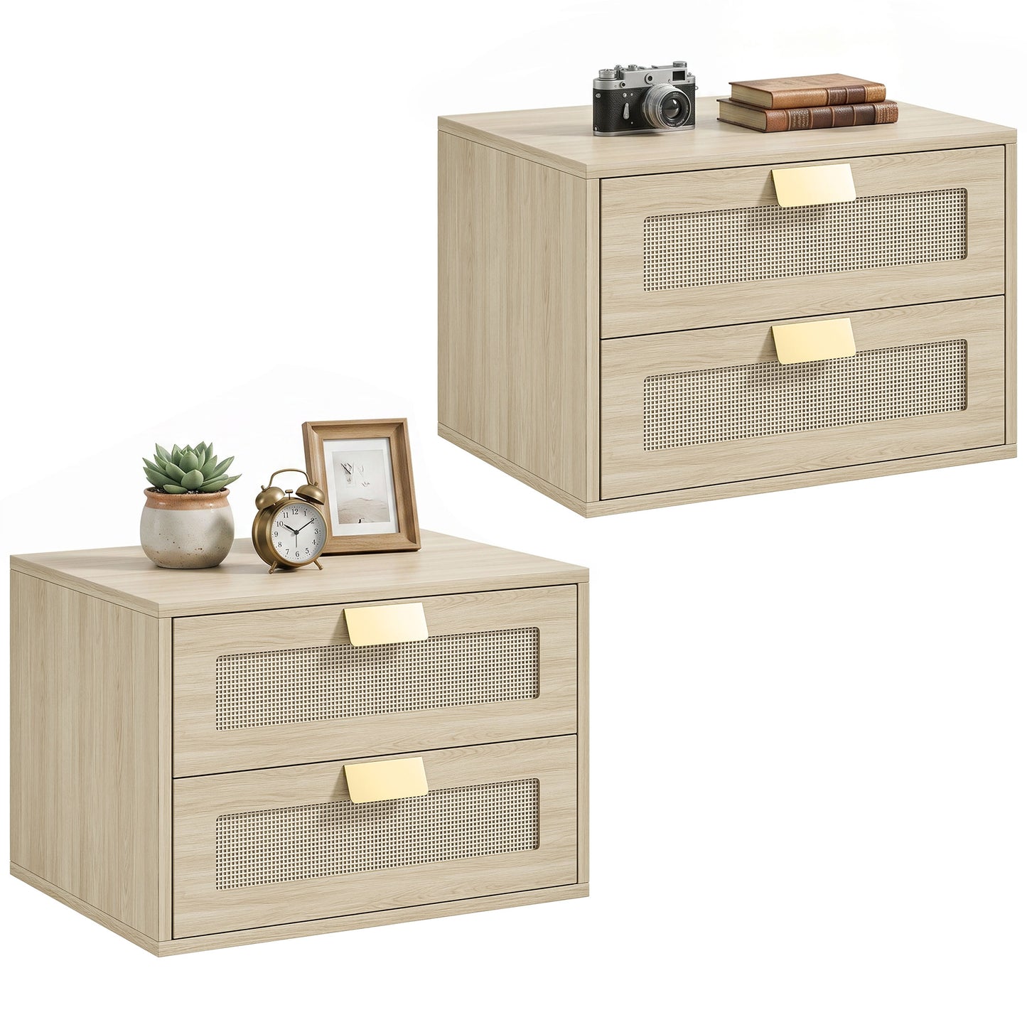 Modern Floating Nightstands Set of 2,  2 Drawers Bedside Tables, Oak
