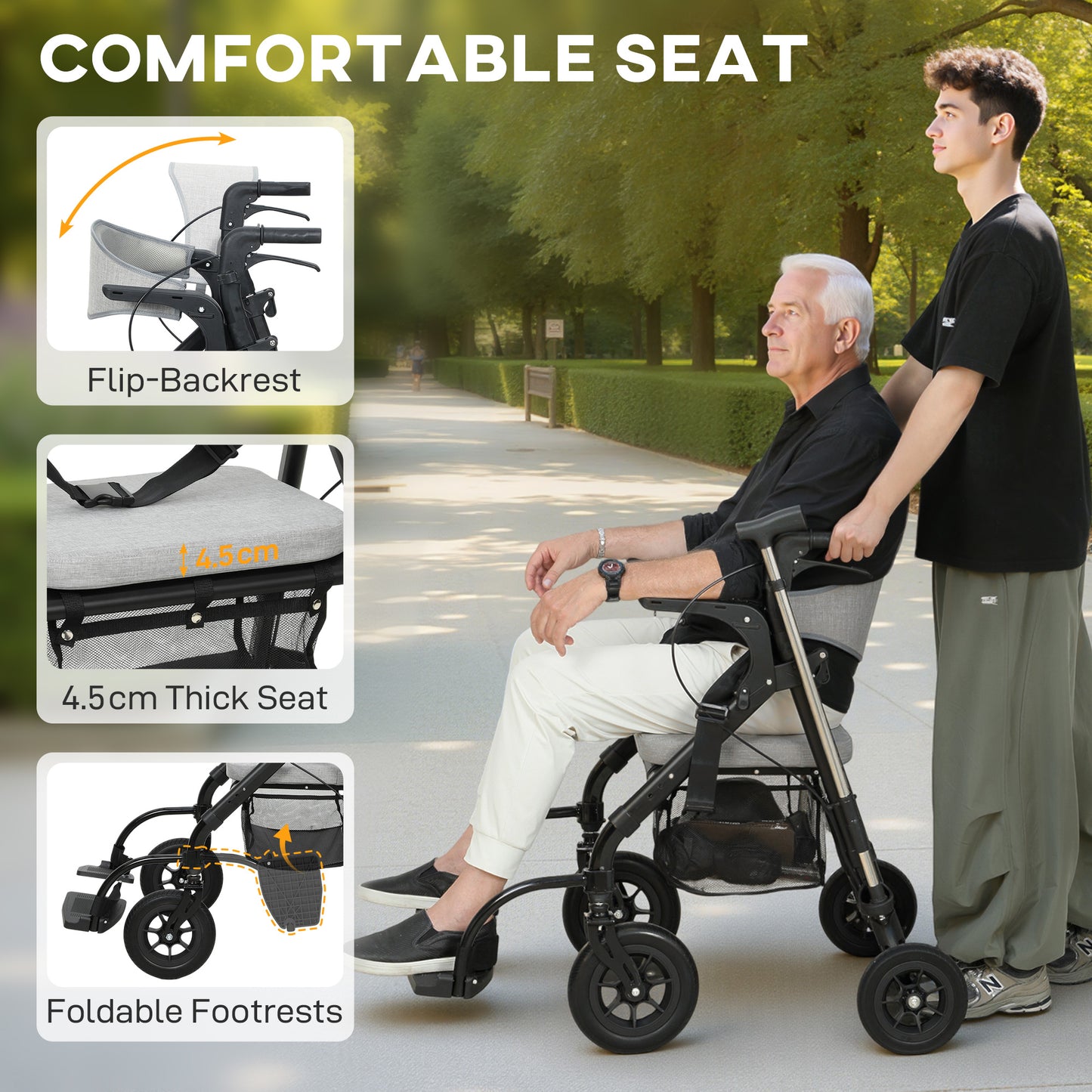 2-in-1 Mobility Walker with Seat, Foldable Rollator with Footrests