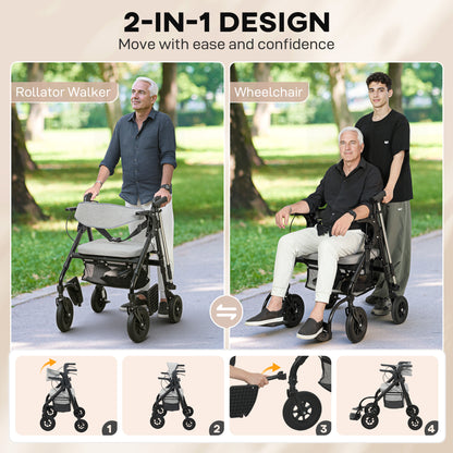 2-in-1 Mobility Walker with Seat, Foldable Rollator with Footrests