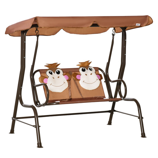 2 Seat Kids Canopy Swing Chair w/ Adjustable Awning, Seatbelt - Brown