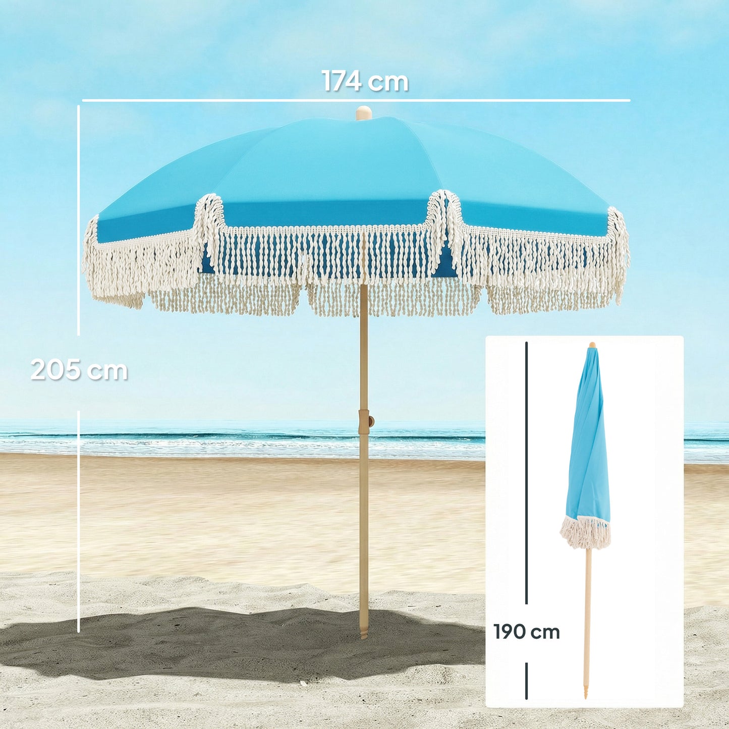 1.7 m Beach Umbrella, Adjustable Height Portable Parasol, Blue