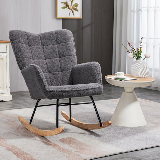 Wingback Rocking Chair for Nursing, Berber Fleece Nursery Glider Rocker, Modern Armchair for Living Room, Grey