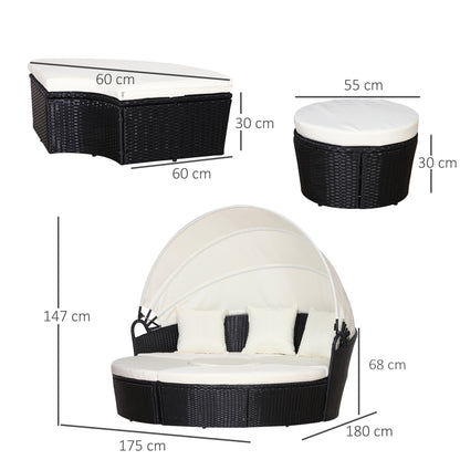 Rattan Lounge Set, 5 Pieces Patio Conversation Furniture Set, Garden Round Sofa Bed with Cushion and Retractable Canopy, Black
