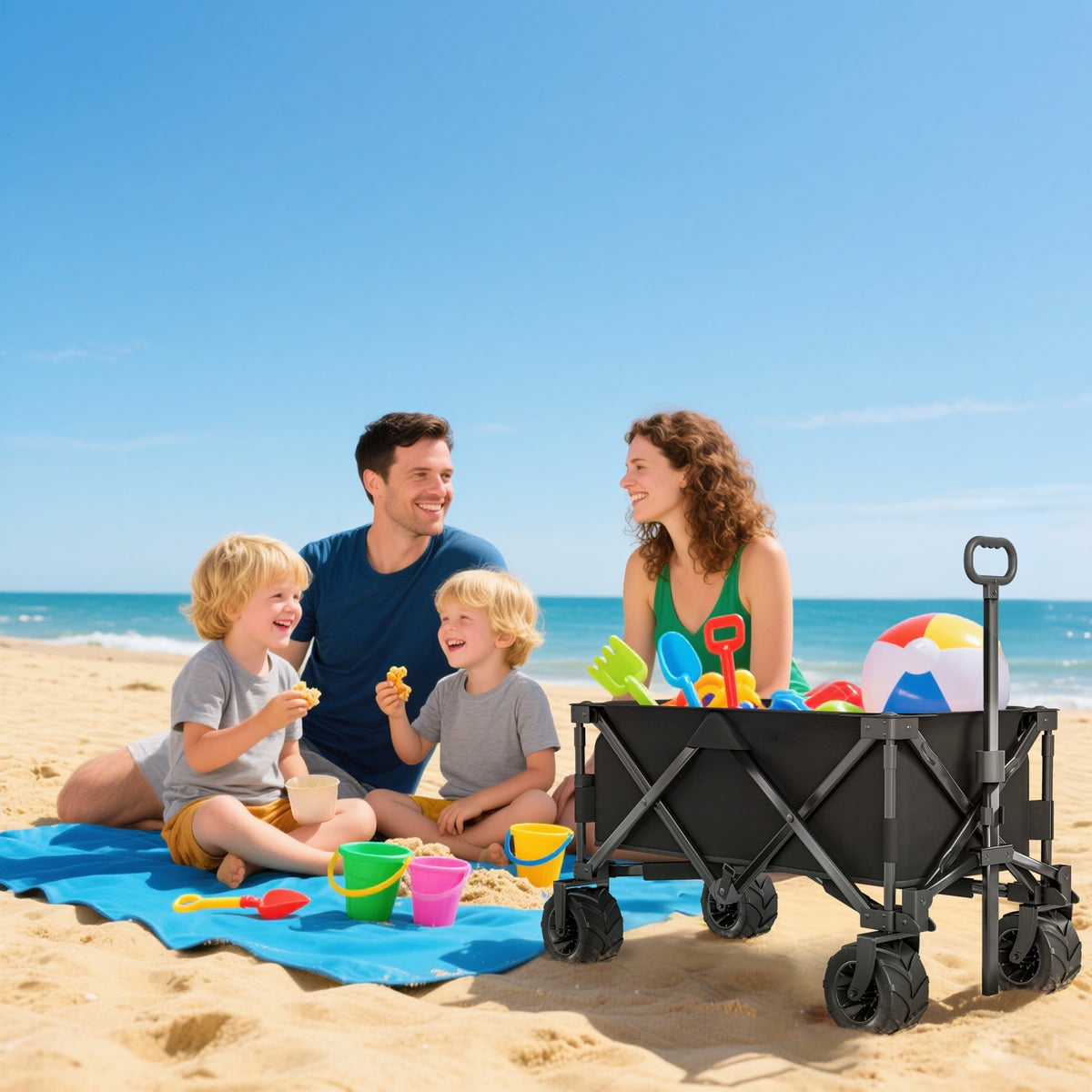 Outdoor Pull Along Garden Trolley on Wheels Folding Beach Cart Black