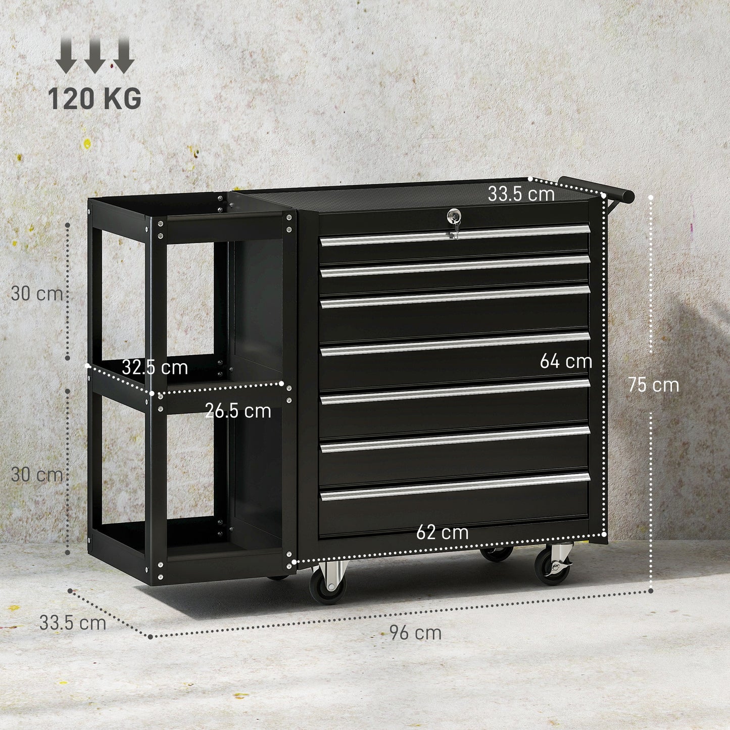 7 Drawer Lockable Steel Tool Chest on Wheels for Workshop, Black