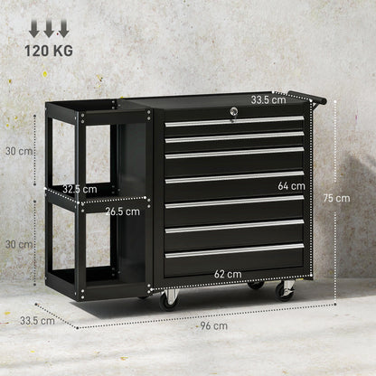 7 Drawer Lockable Steel Tool Chest on Wheels for Workshop, Black