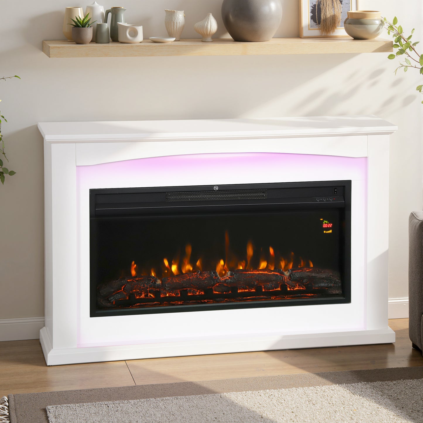 1000W/2000W Inset Electric Mantel & Fire Reach up to 30 m², White